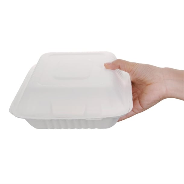 Fiesta Compostable Bagasse Hinged 3-Compartment Food Containers 201mm (200 Pack) fc526