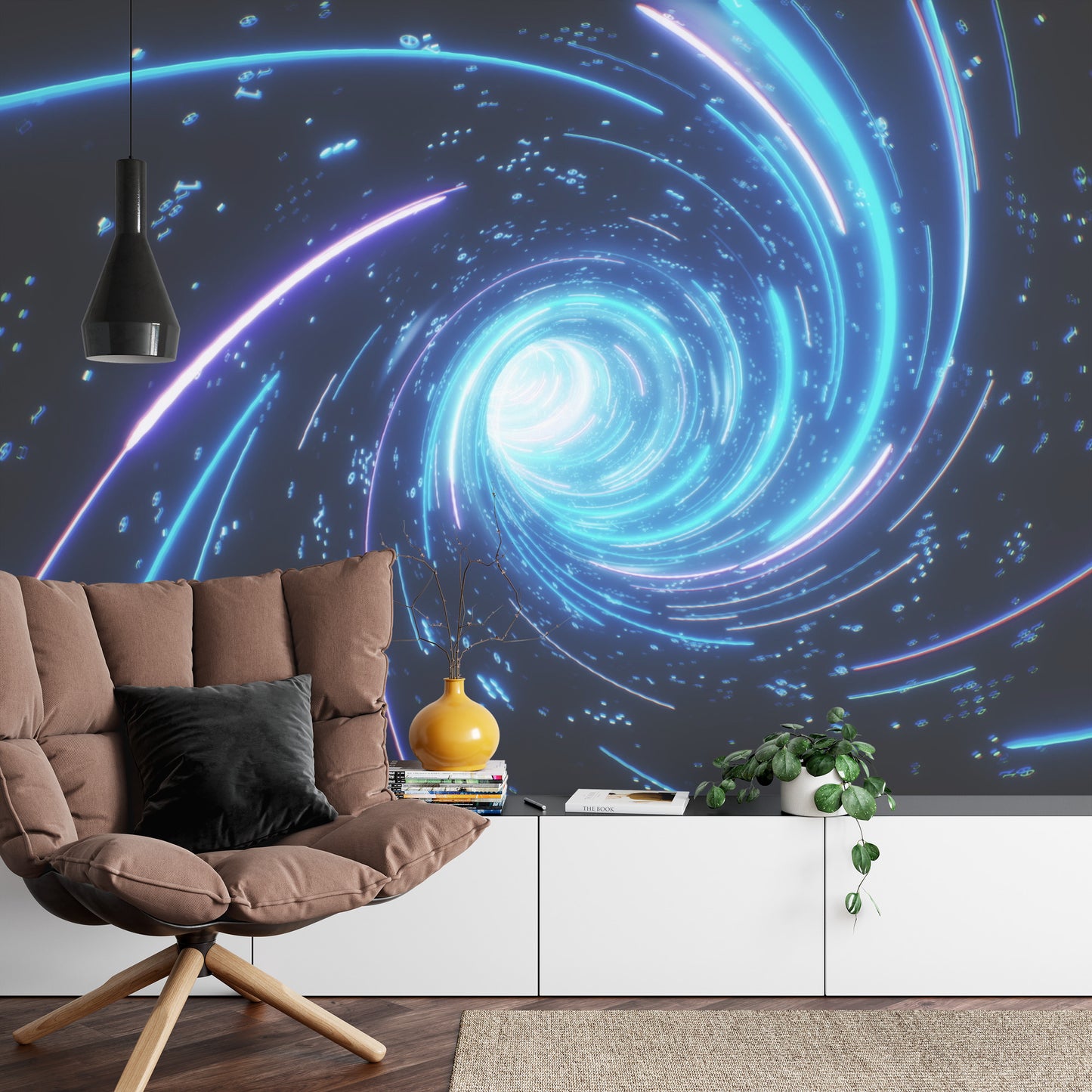 Photomural Flying Inside Digital Data Tunnel. Futuristic Abstract Background With Neon Rays. Concept For Big Data, Blockchain, Cryptocurreny, Internet, Hyperspace And Space Travel. 4K 3D Render