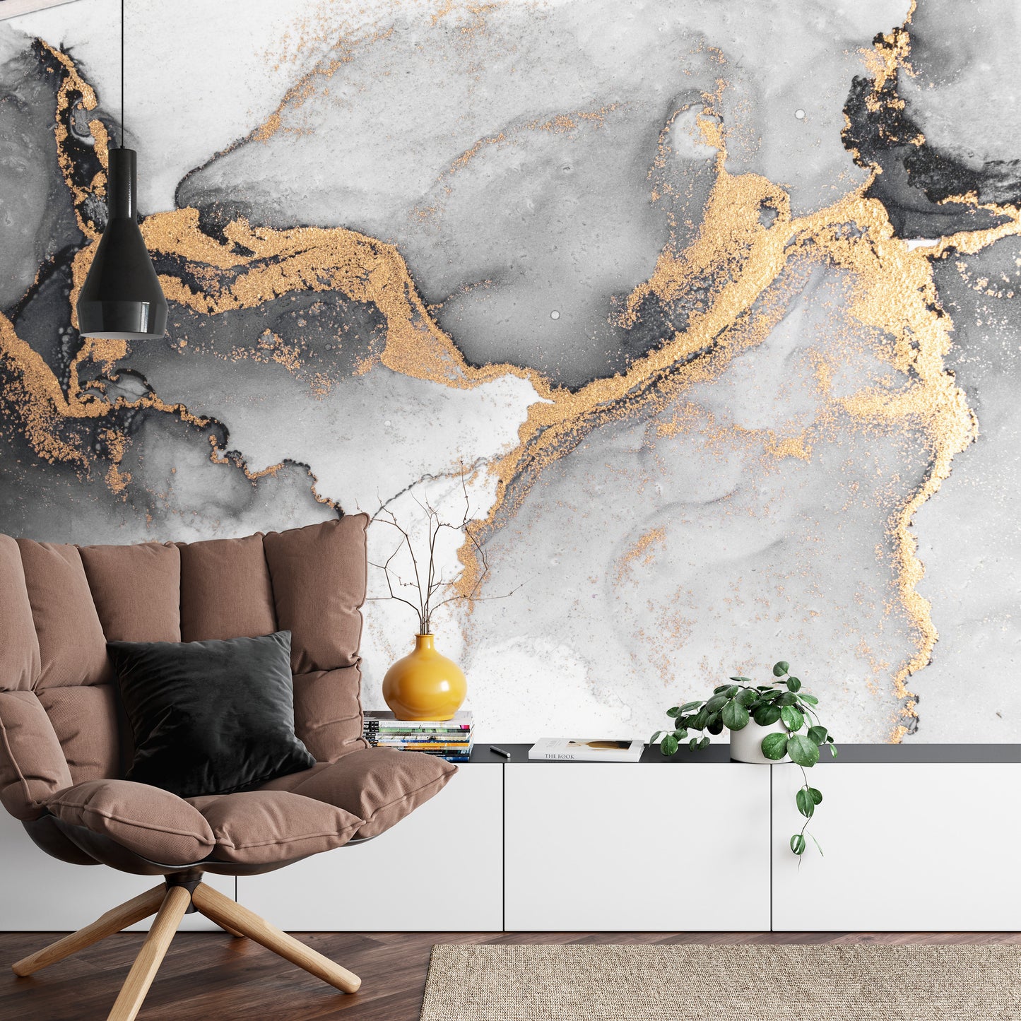 Photomural Black Gold Abstract Background Of Marble Liquid Ink Art Painting On Paper . Image Of Original Artwork Watercolor Alcohol Ink Paint On High Quality Paper Texture .