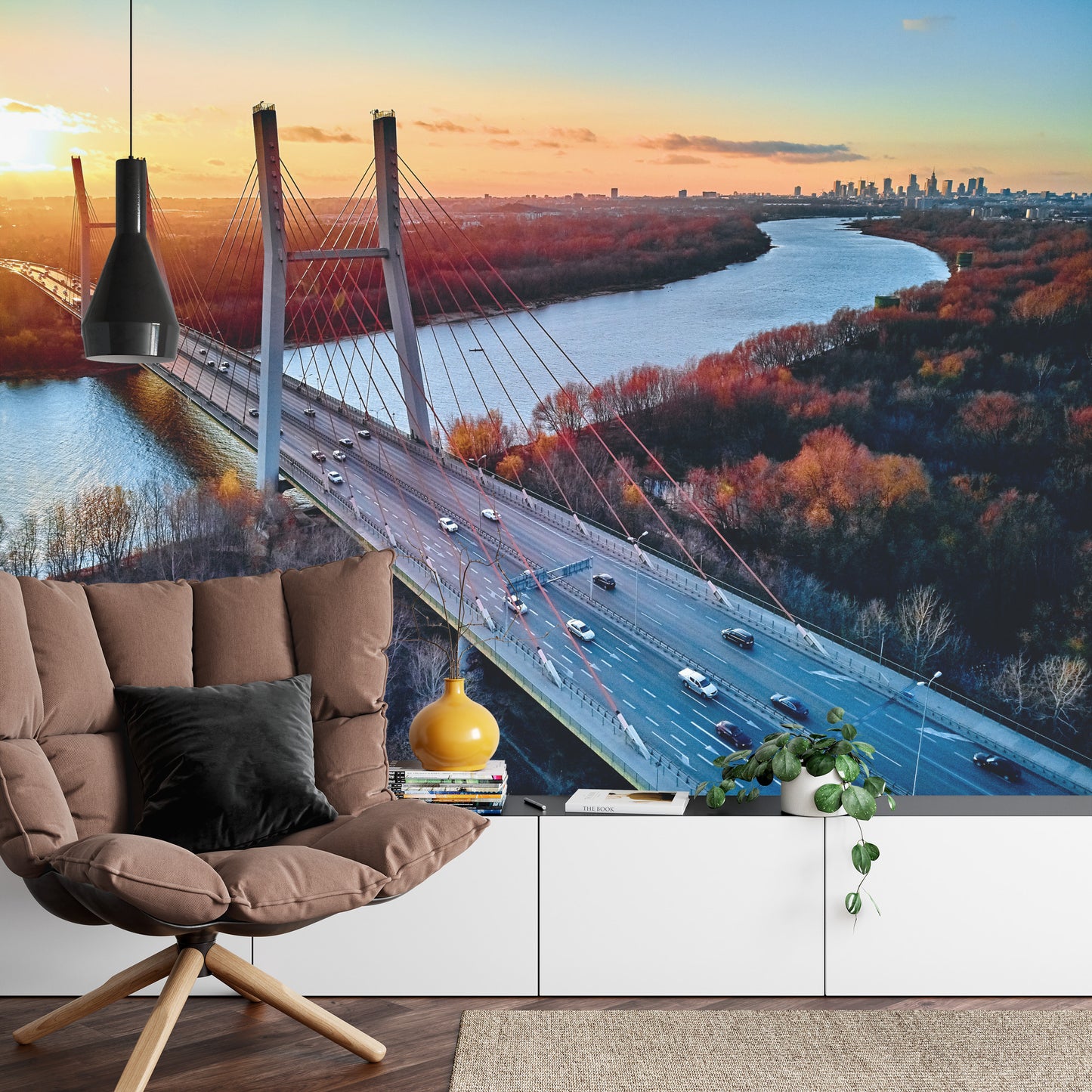 Photomural Beautiful Panoramic Aerial Drone View To Cable-Stayed Siekierkowski Bridge Over The Vistula River And Warsaw City Skyscrapers, Poland In Gold Red Autumn Colors In November Evening At Sunset