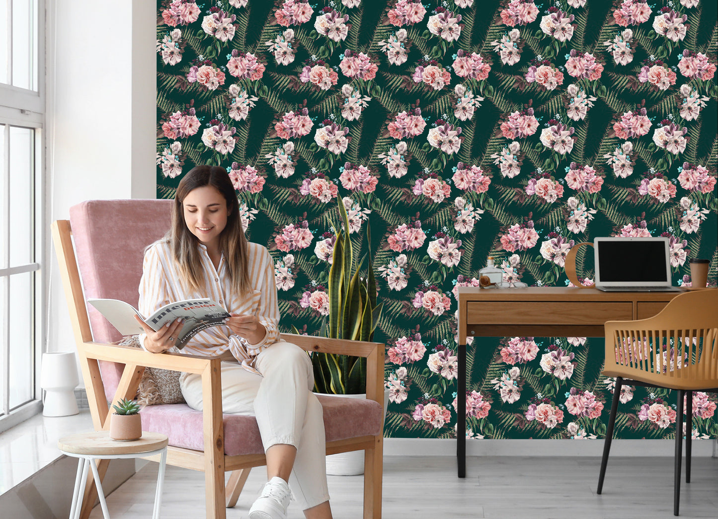 Wallpaper Fern Leaves Roses