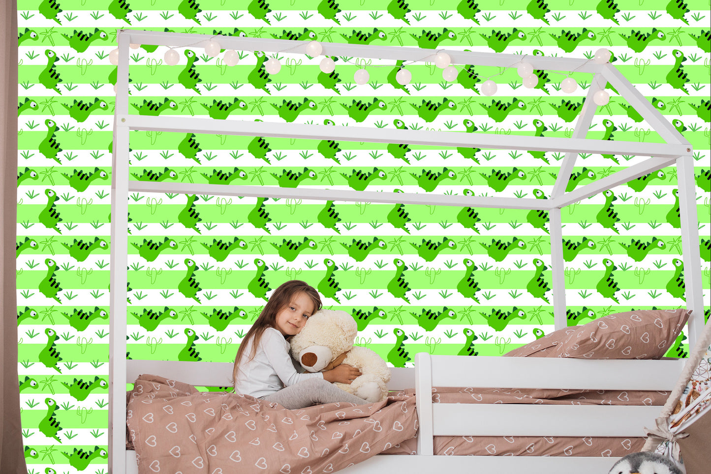 Wallpaper For Children - Dinosaurs On The Green - White Stripes Background