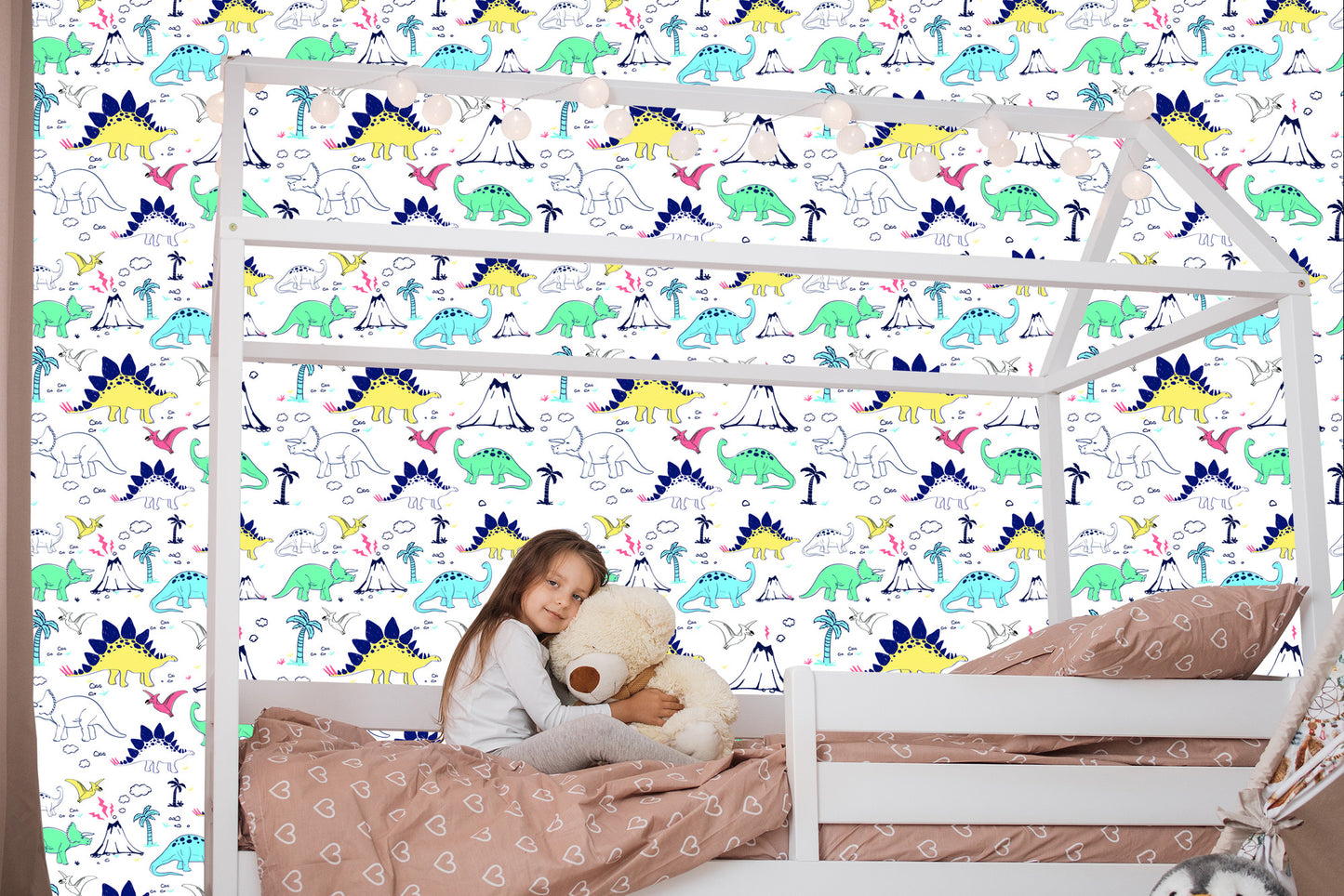 Wallpaper For Children. Dinosaurs. Palm Trees. Volcano
