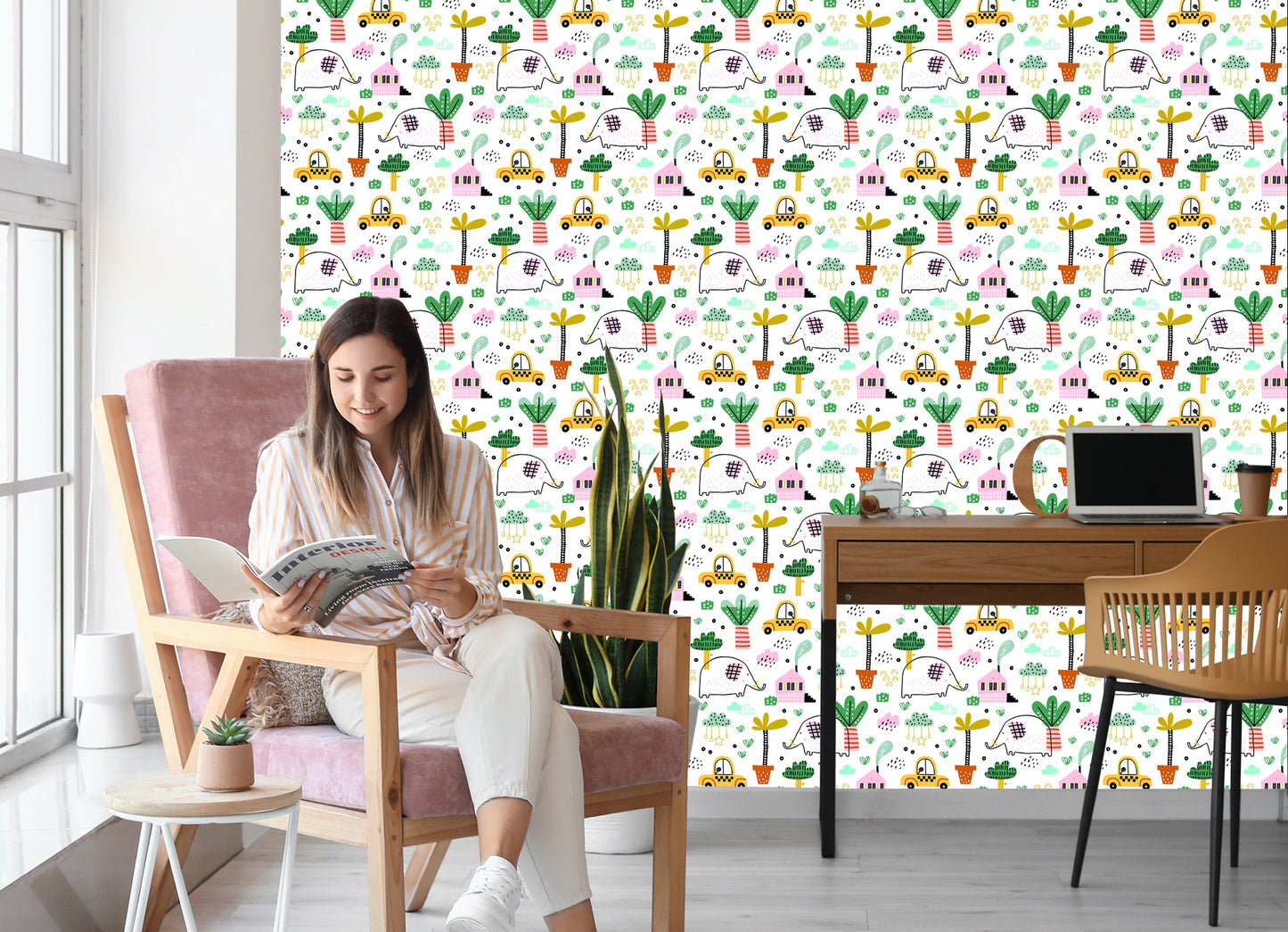 Wallpaper For Children - Elephants, Cars And Houses In The Scandinavian Style