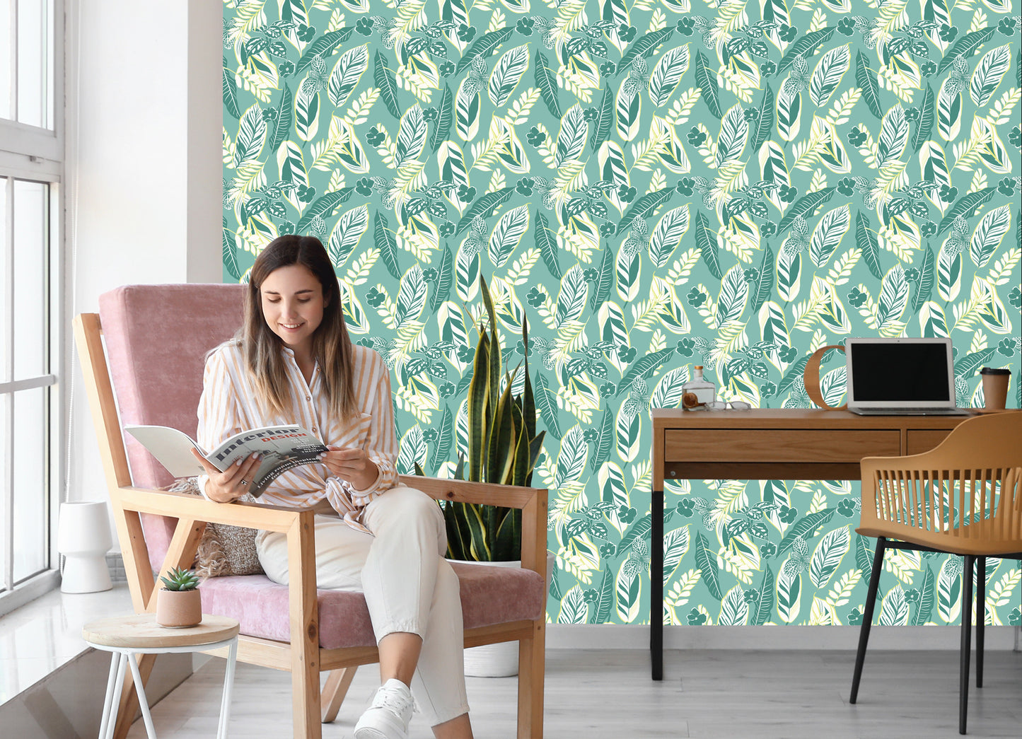 Wallpaper Blue Pattern With Leaves And Flowers
