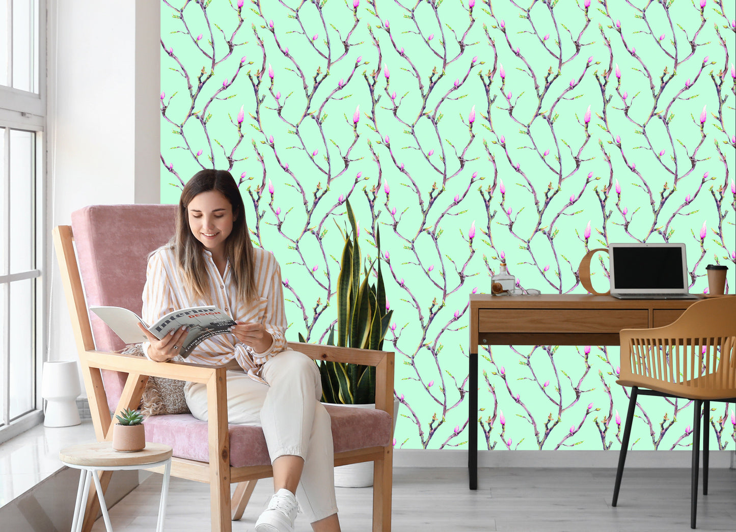 Wallpaper Tree Branches In Spring, Painted With Watercolors