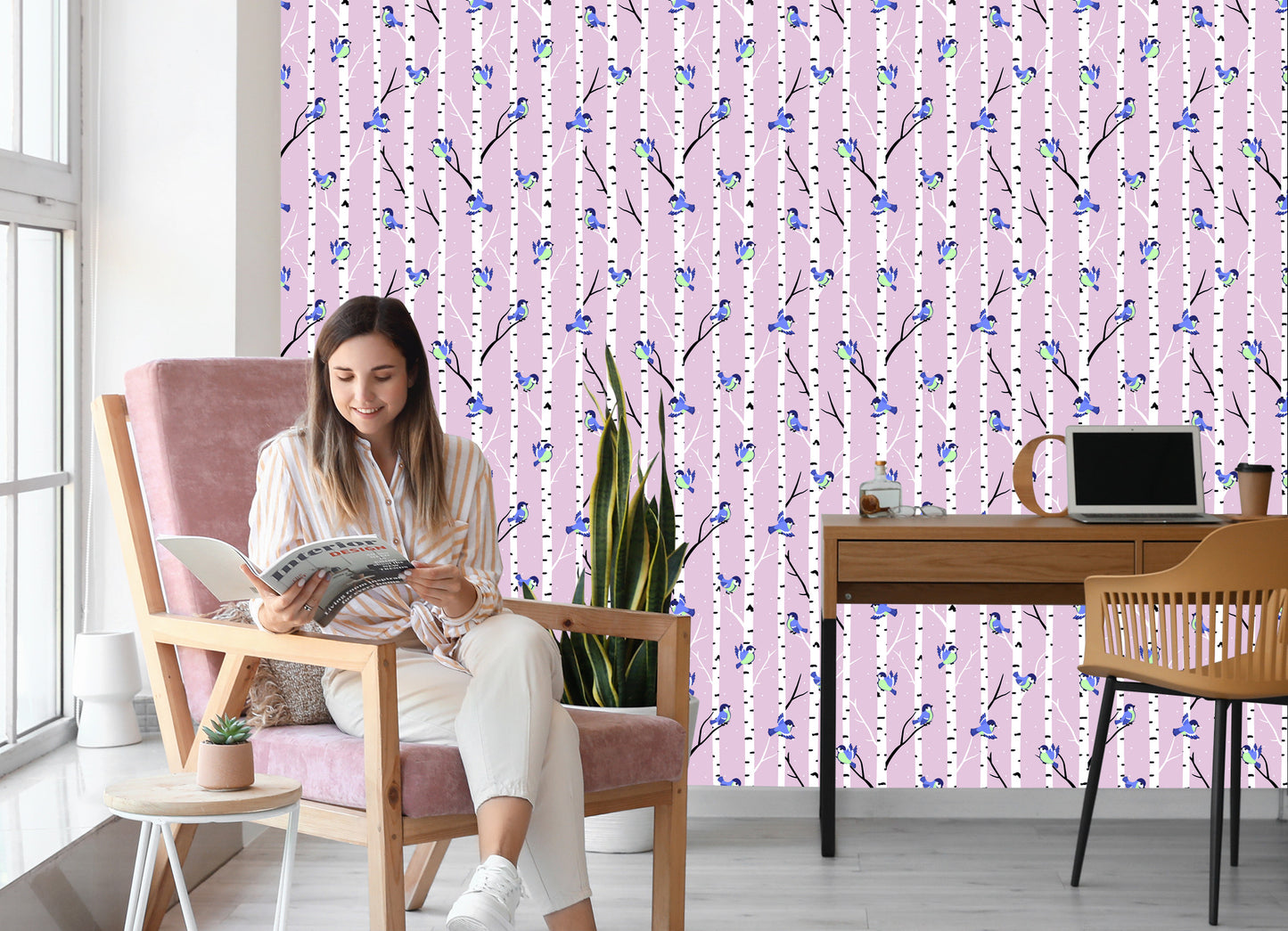 Wallpaper Colorful Birds Among Birches