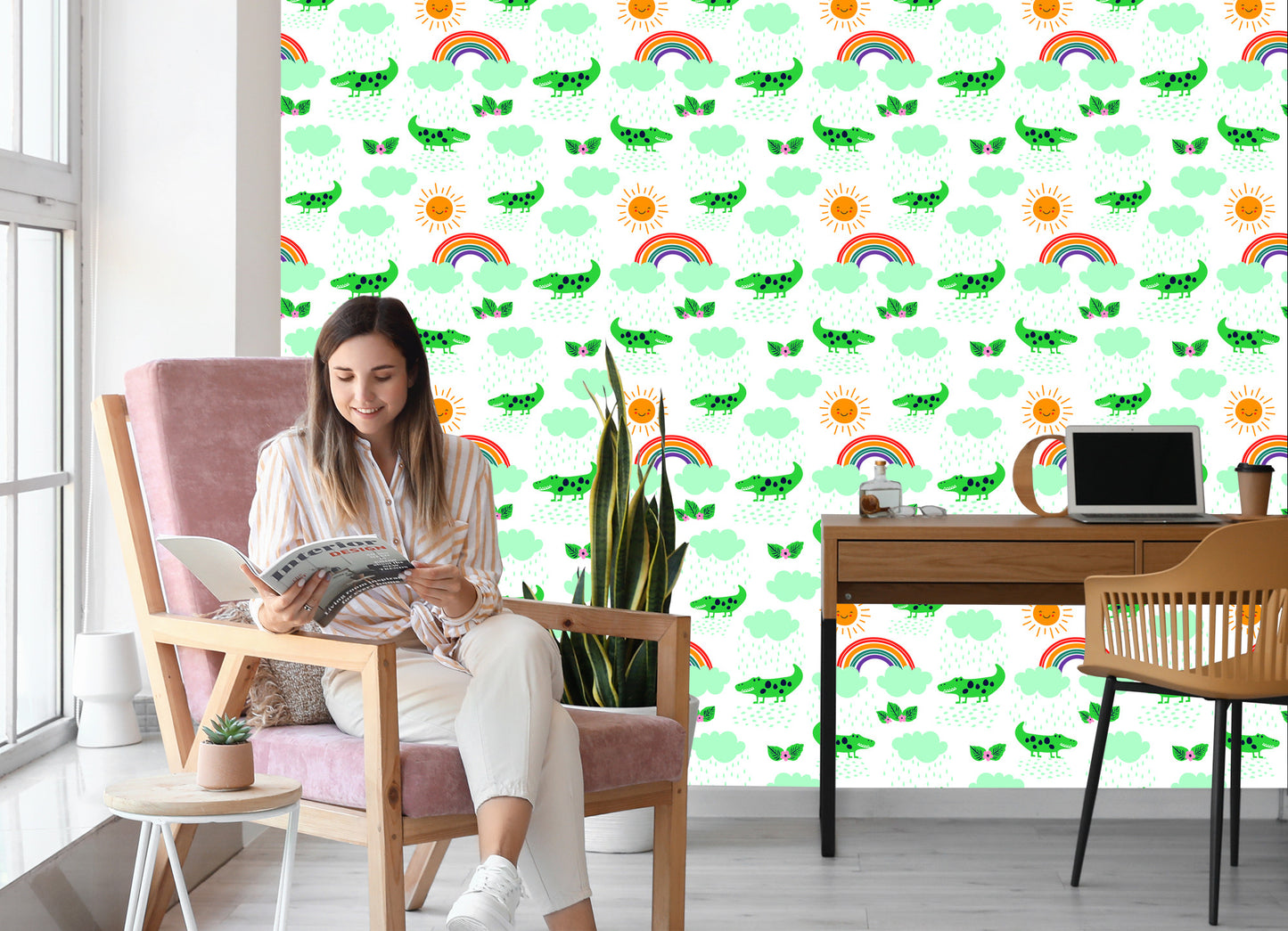 Wallpaper For Children, Crocodiles, Clouds, Rainbow Flowers