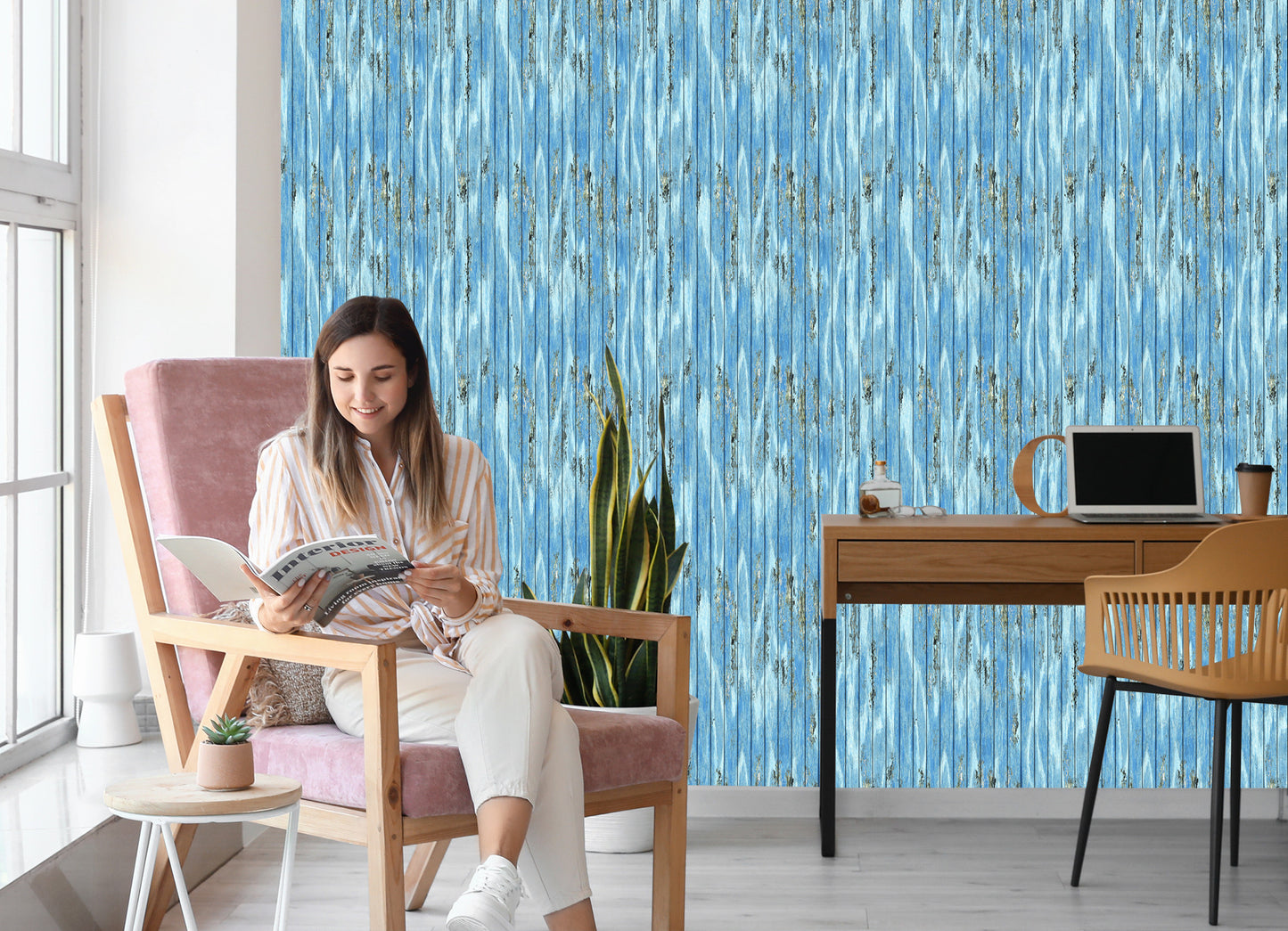 Wallpaper Blue Wooden Planks In Vintage Style