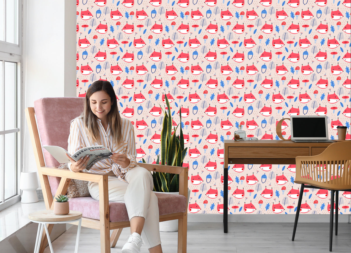 Wallpaper For Children, Fox Leaves. Scandinavian Style
