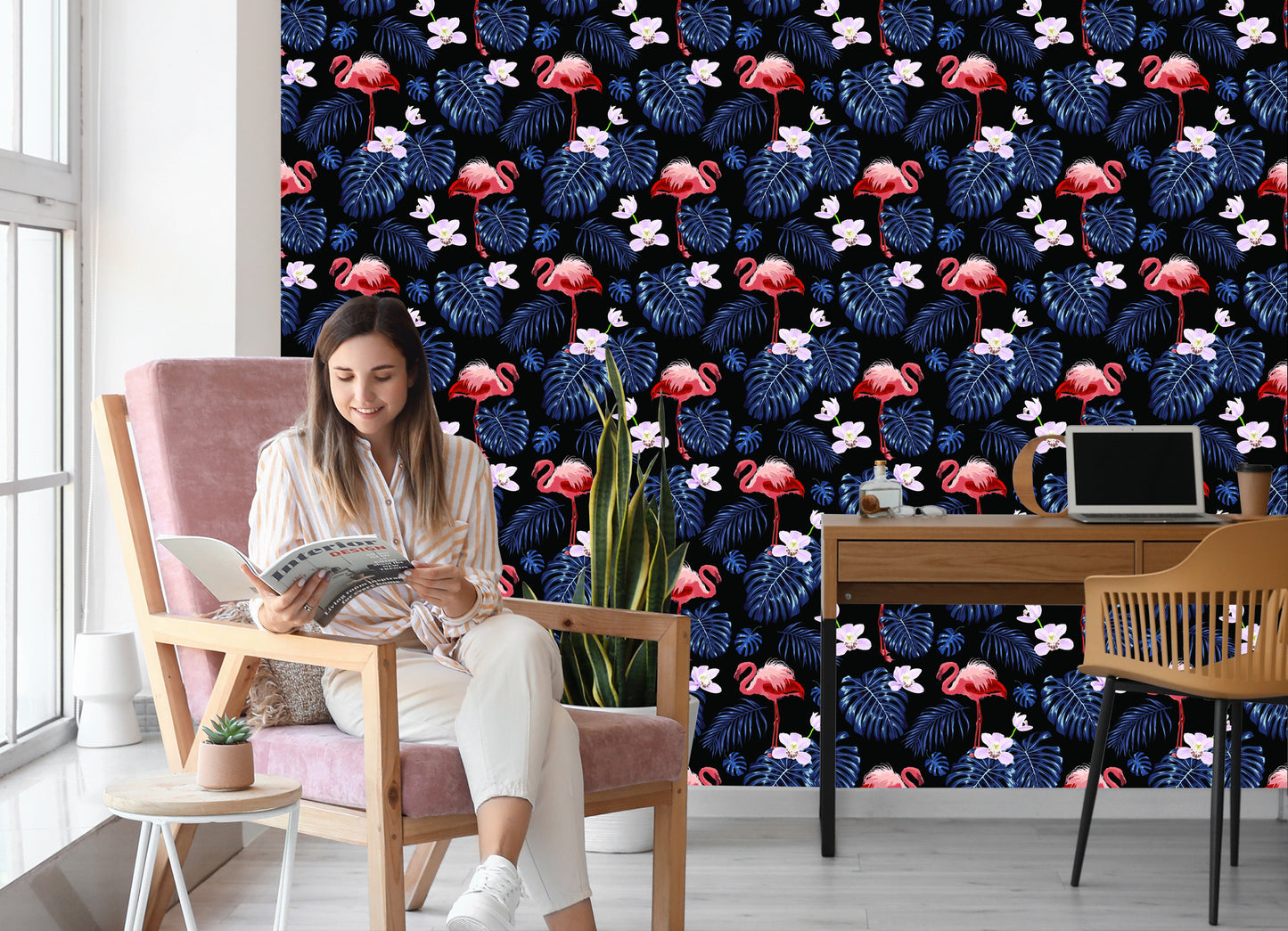 Wallpaper We Flamingos Leaves Flowers Nature For Living Room