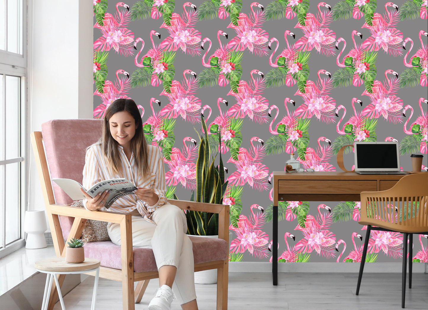 Wallpaper Flamingos. Birds. Green Leaves