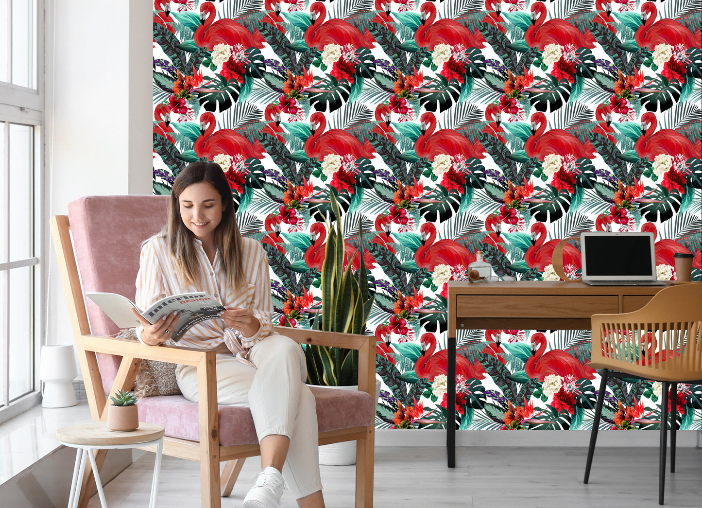 Wallpaper Flowers, Plants, Flamingos For The Living Room