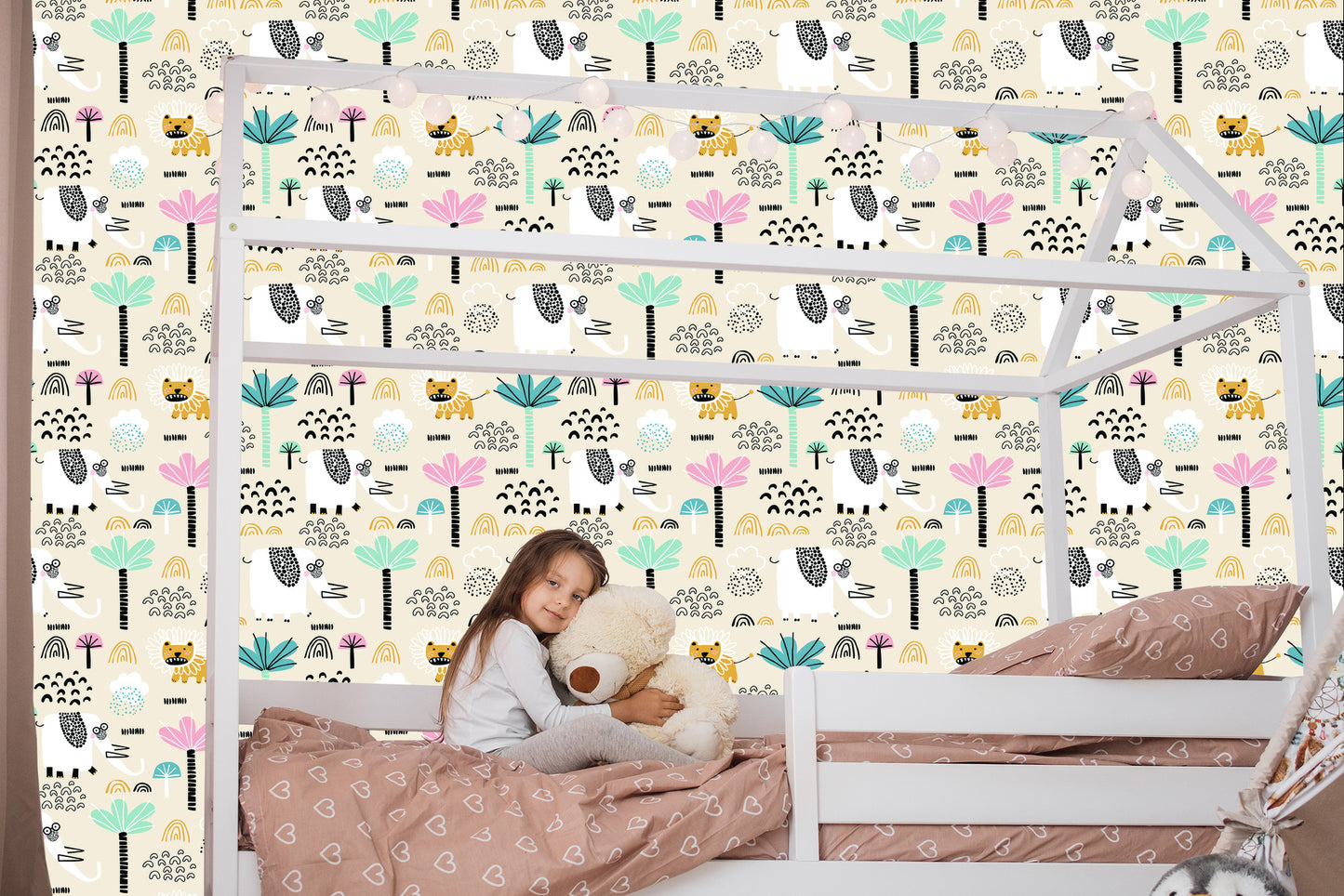 Wallpaper Safari Lions Pastel Trees Boy's Room