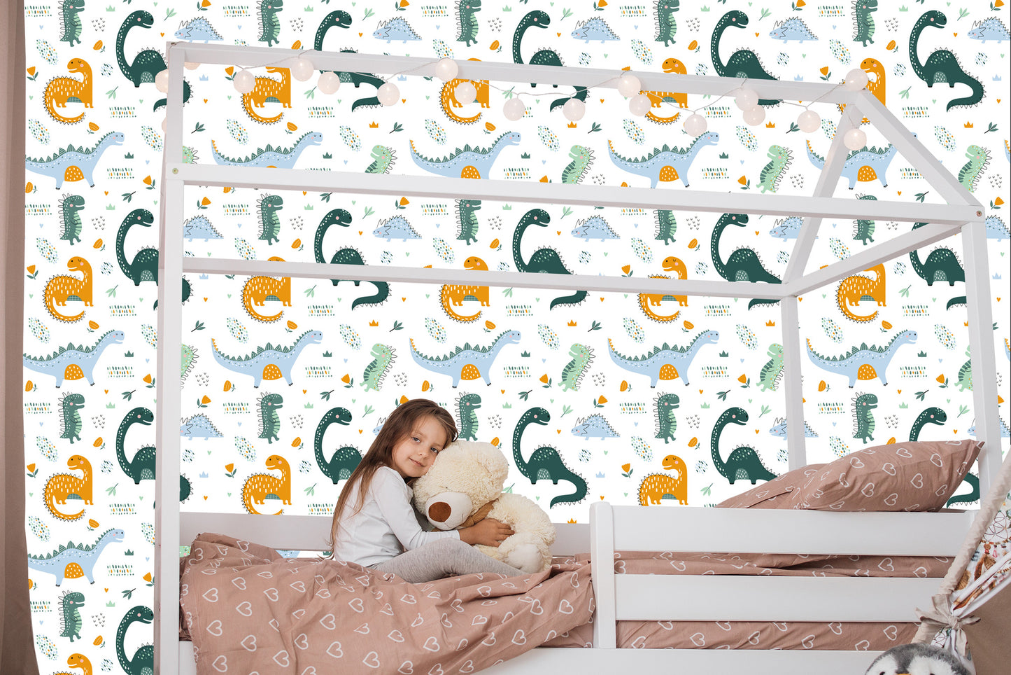 Wallpaper For Baby's Room Dinosaurs, Leaves, Flowers