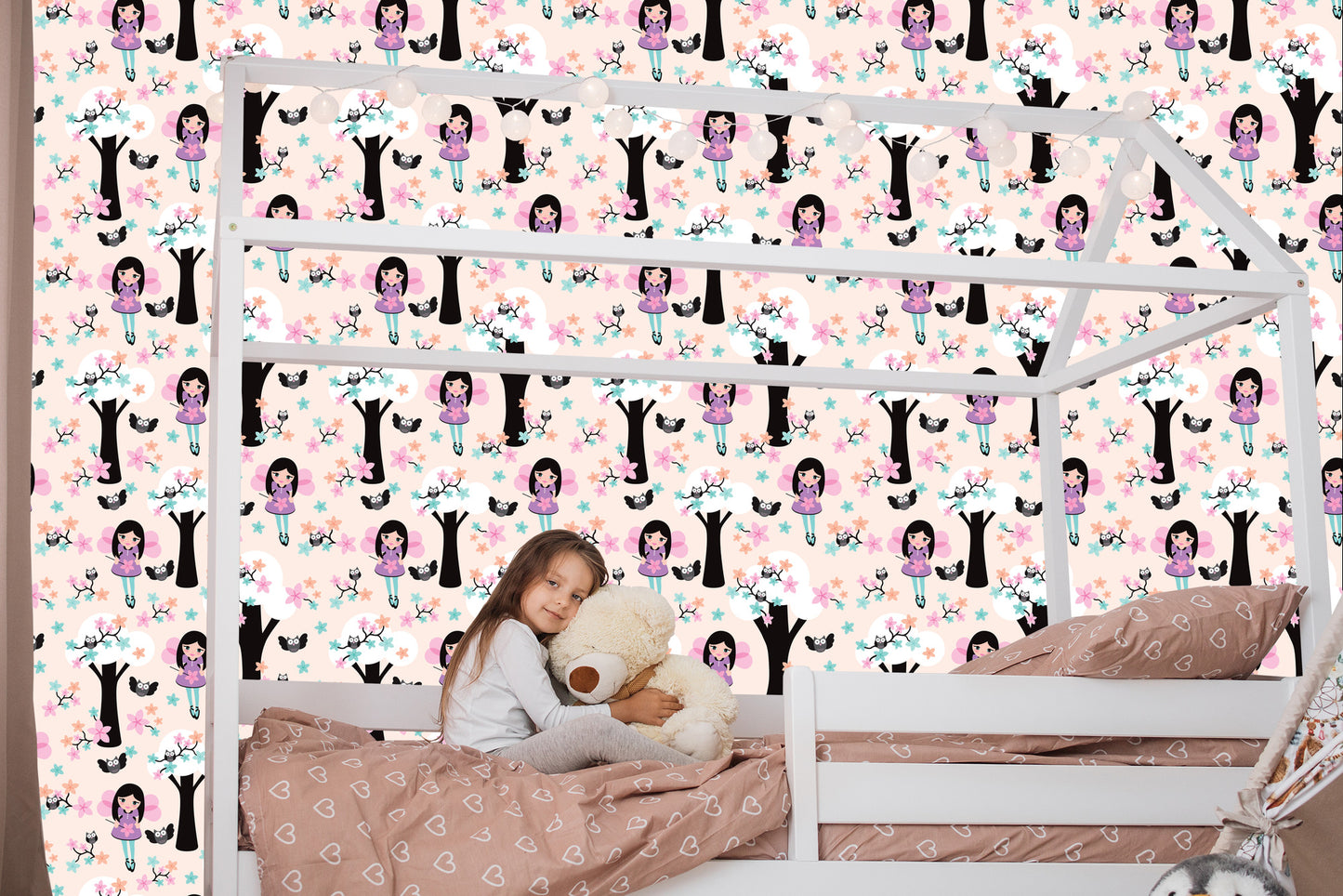 Wallpaper Fairy-Tale Children's Fairy Owl Flowers