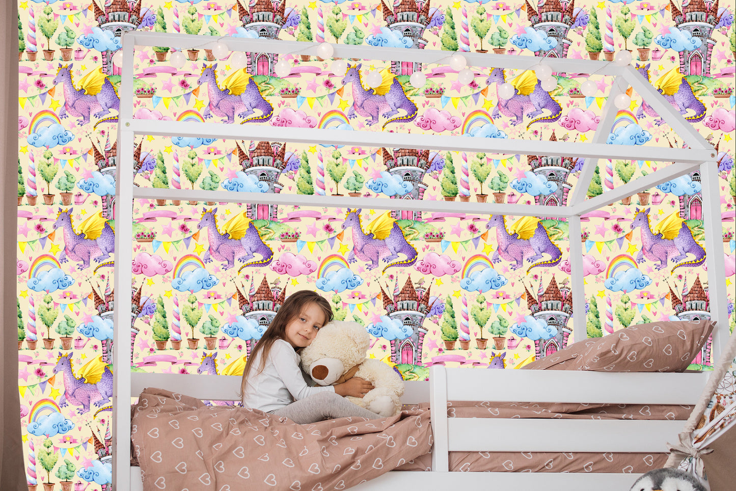 Wallpaper For Children, Dragons, Clouds, Rainbow, Stars
