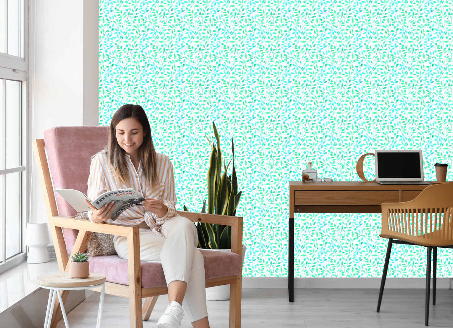 Wallpaper Turquoise Leaves Painted With Watercolor