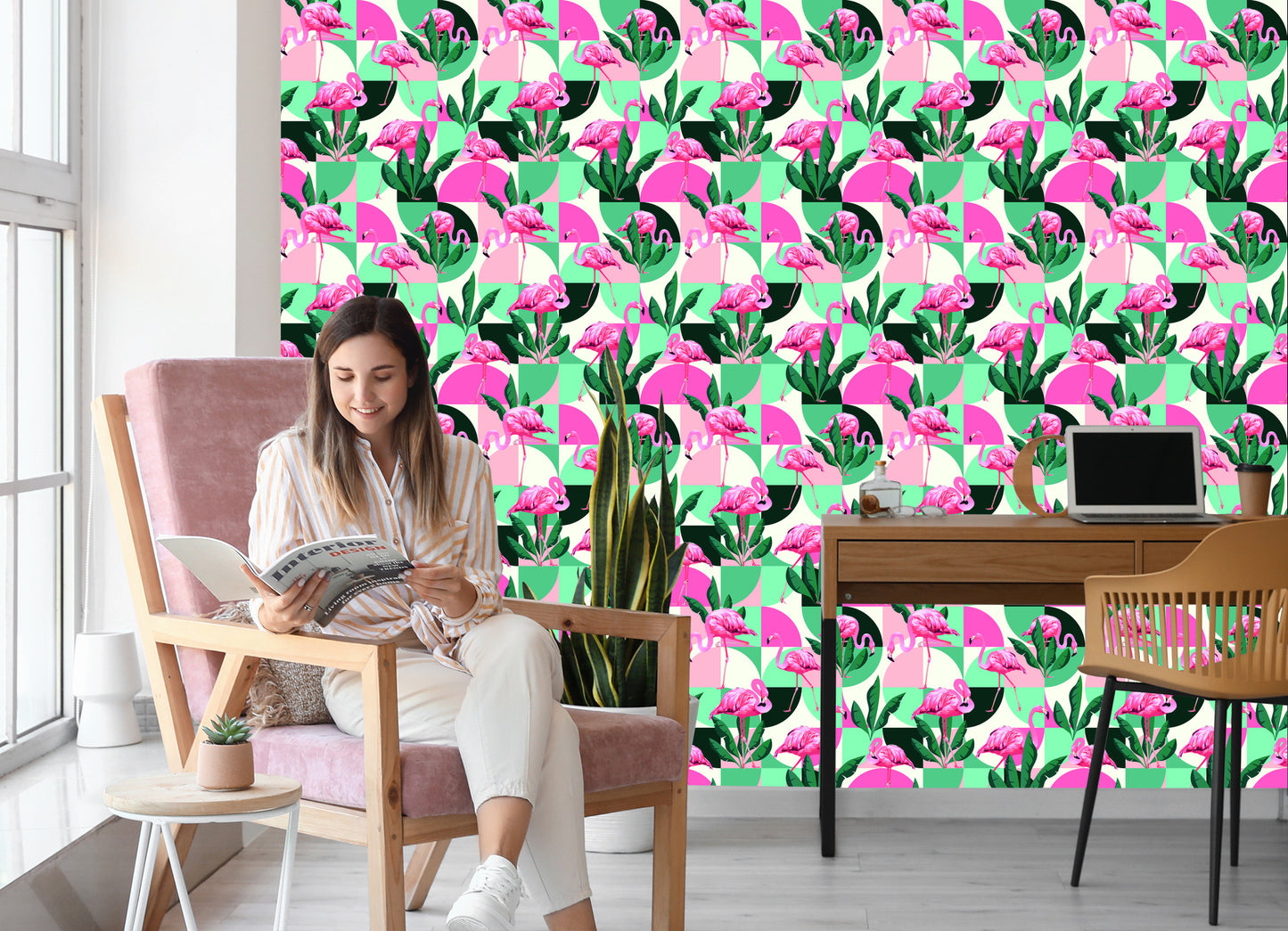 Wallpaper Fashionable Pink Flamingos And Leaves