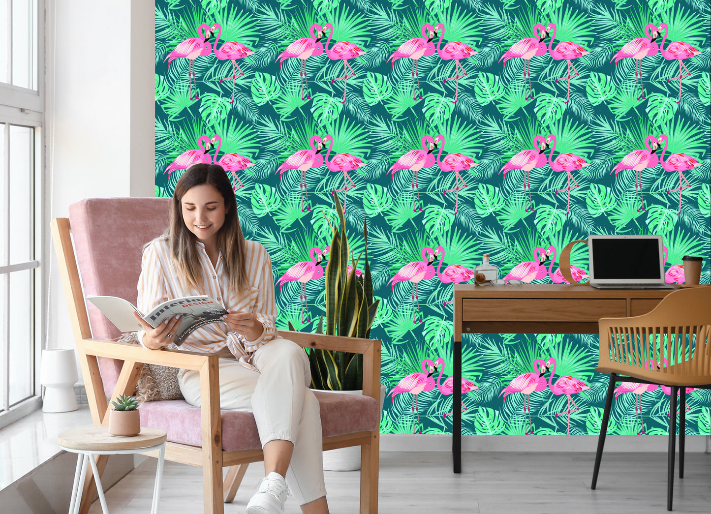 Wallpaper Decorative Flamingos Leaves