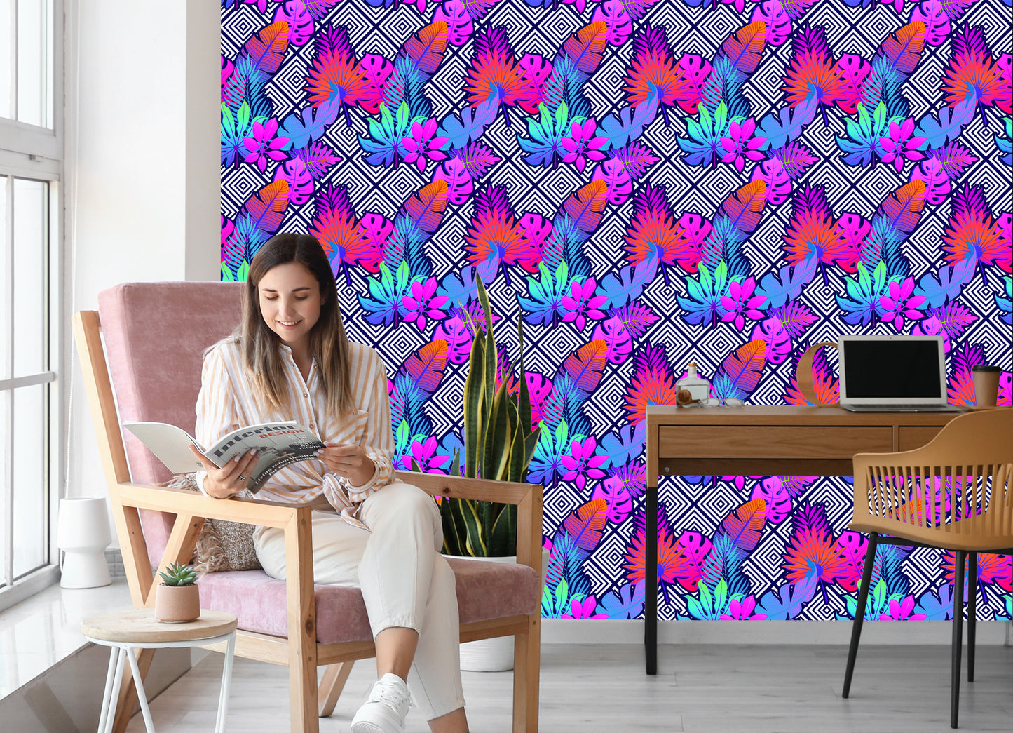 Wallpaper Leaves On Geometric Patterns