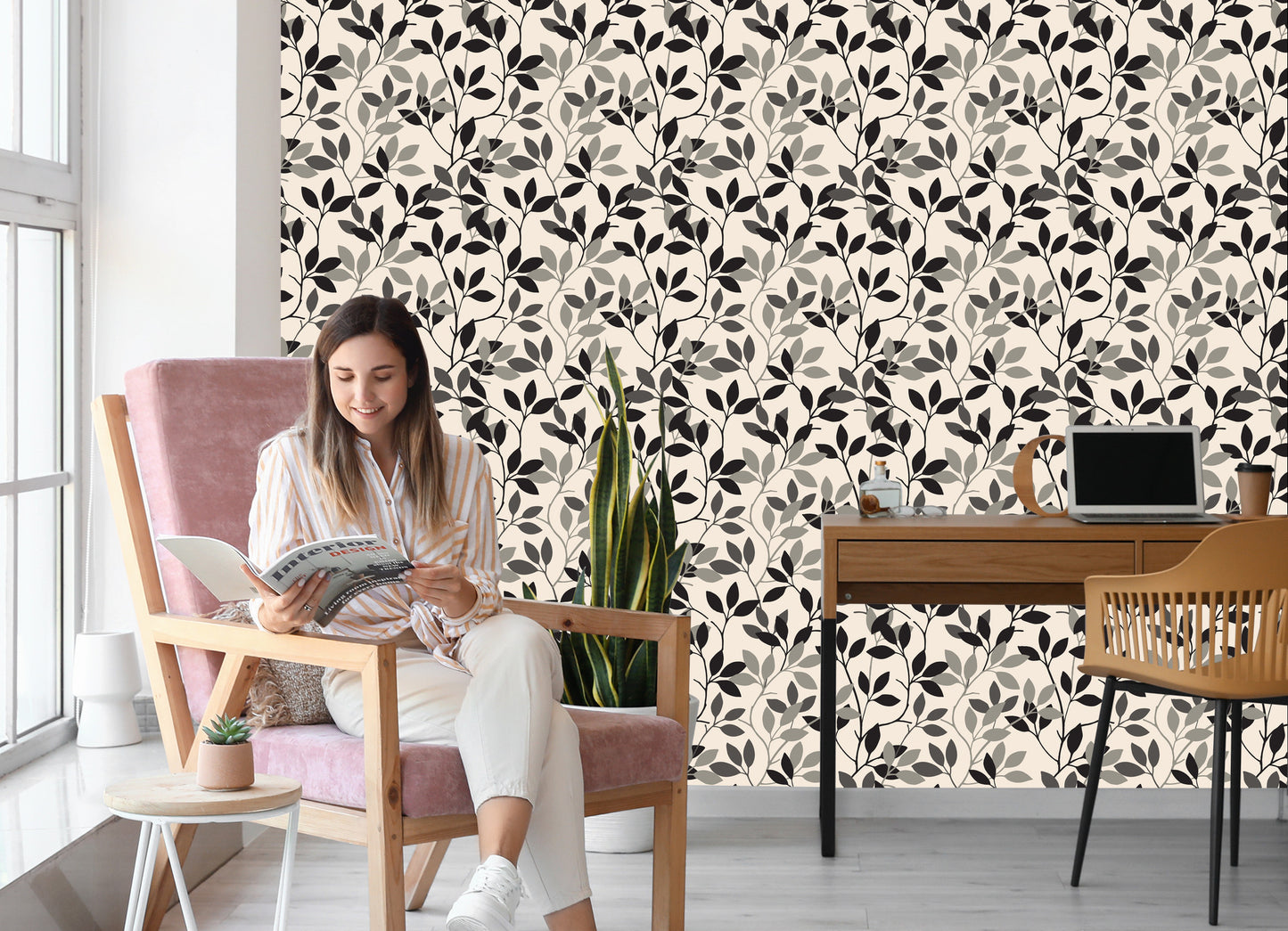 Wallpaper Retro - Leaves In Shades Of Gray