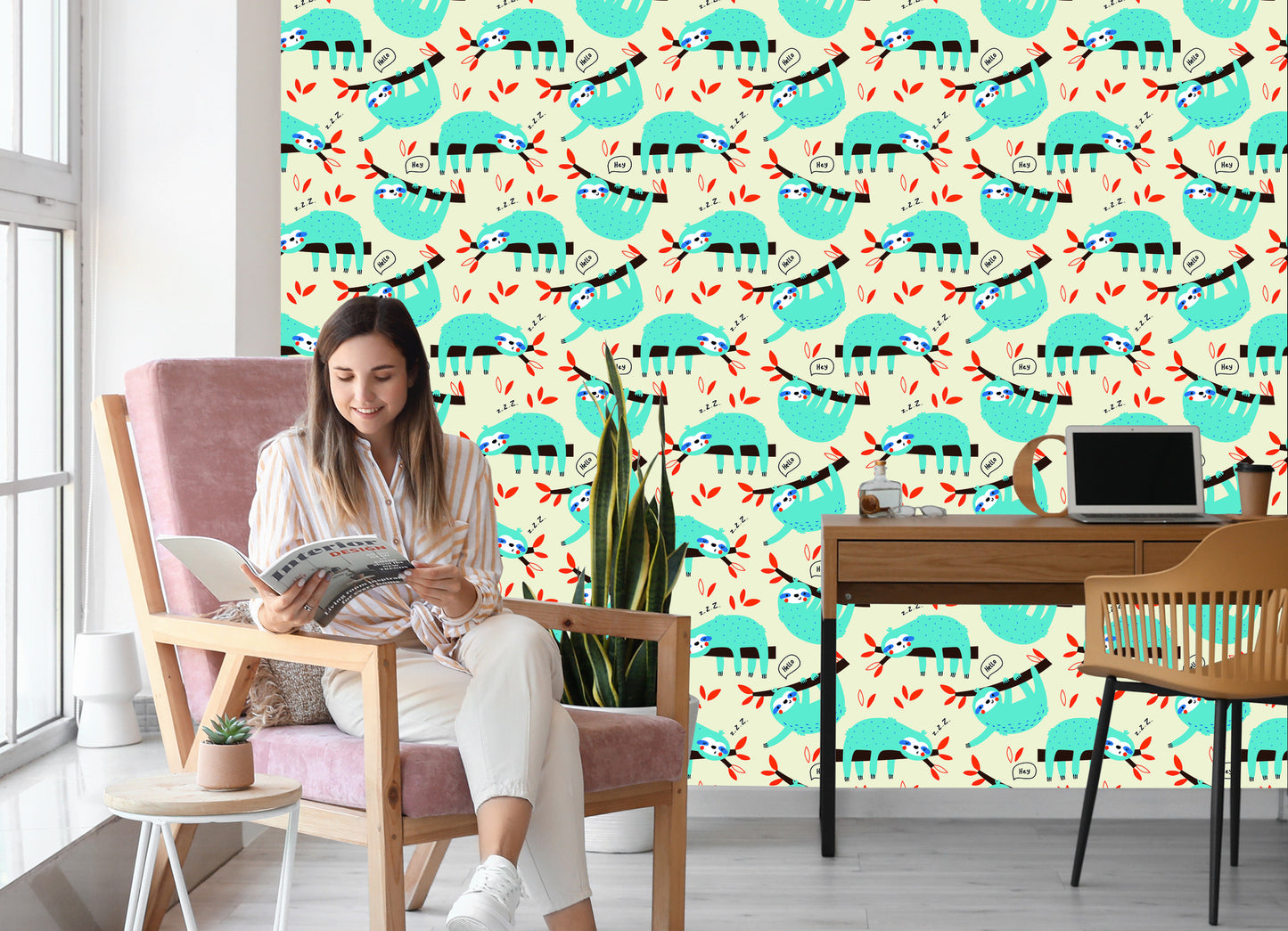 Wallpaper Children Sloths Leaves Scandinavian Style