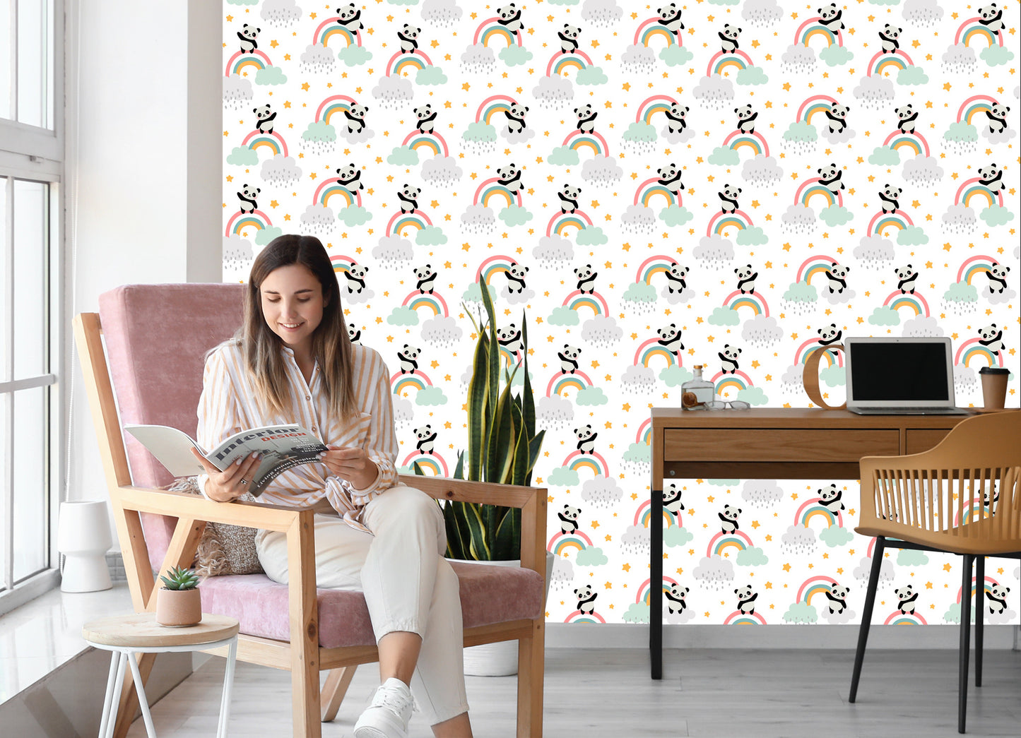 Wallpaper Pandas With A Rainbow