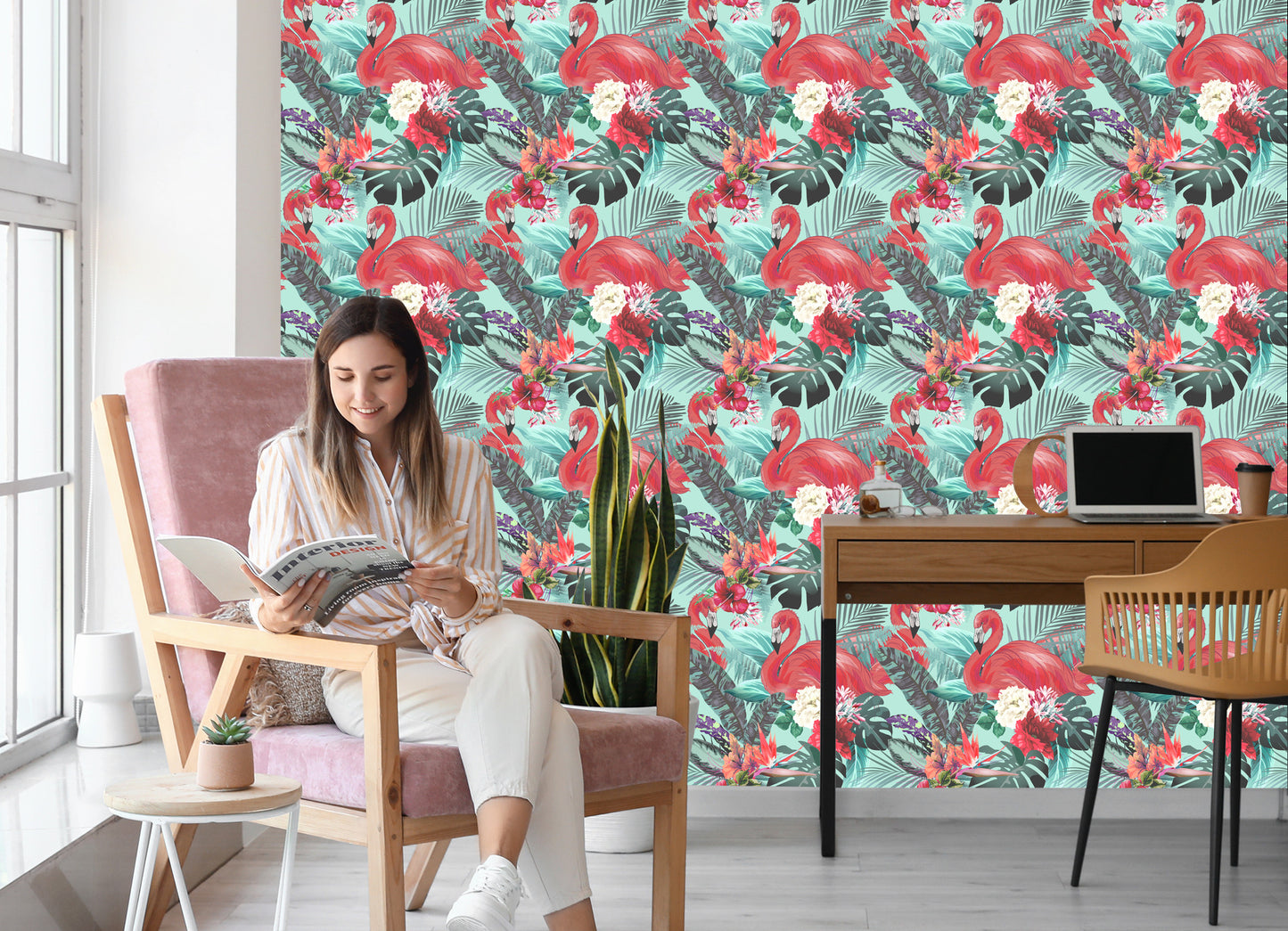Wallpaper Flamingos Nature Flowers For Living Room