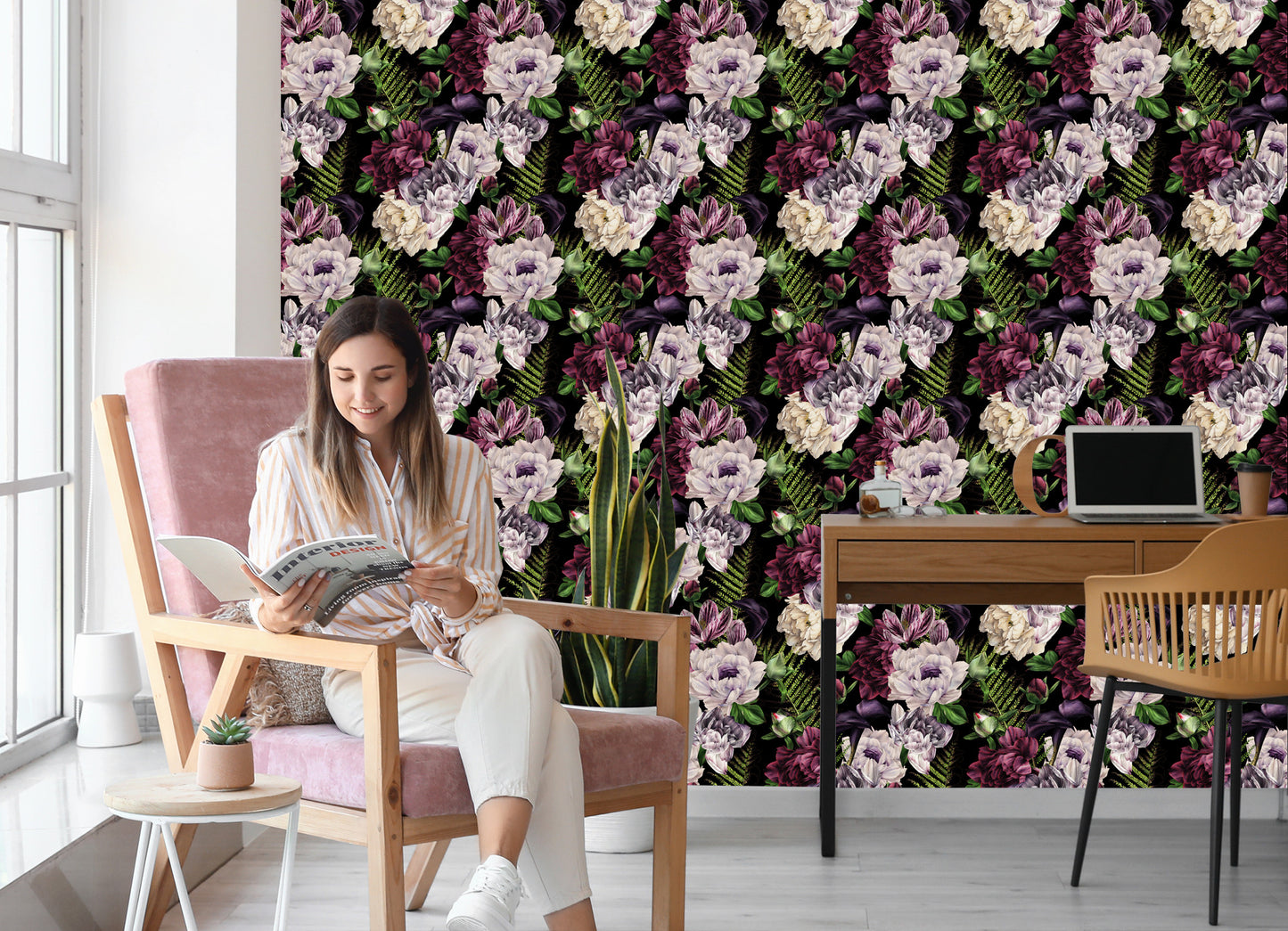 Wallpaper Peonies Fern Leaves