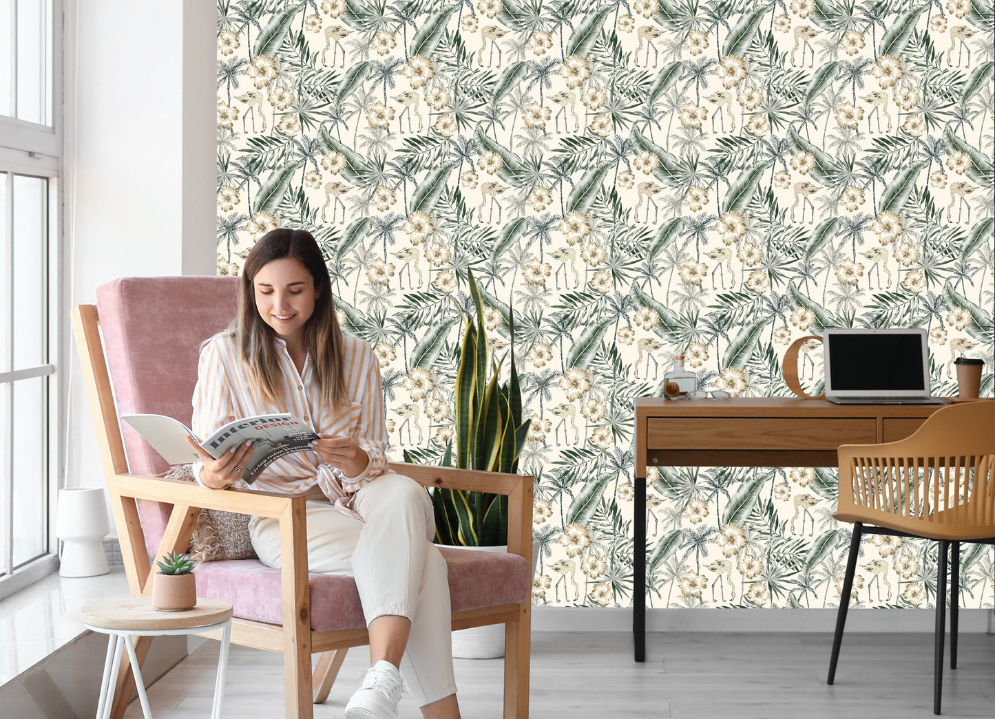 Wallpaper Flamingos With Palm Leaves