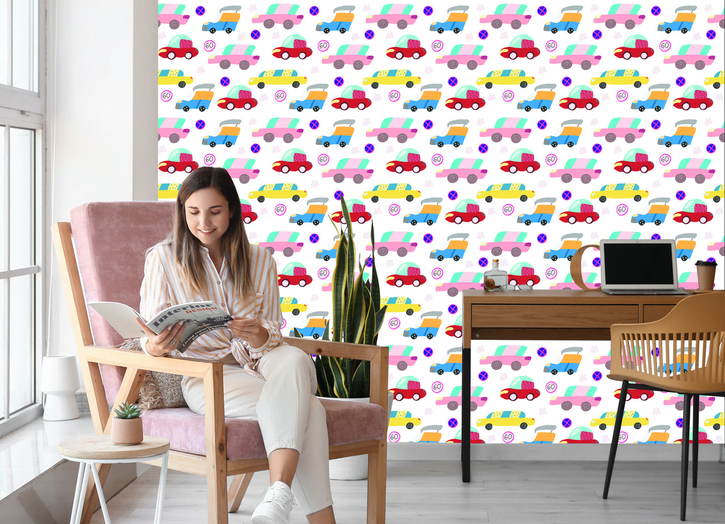 Wallpaper For Children - Colorful Cars In Scandinavian Style
