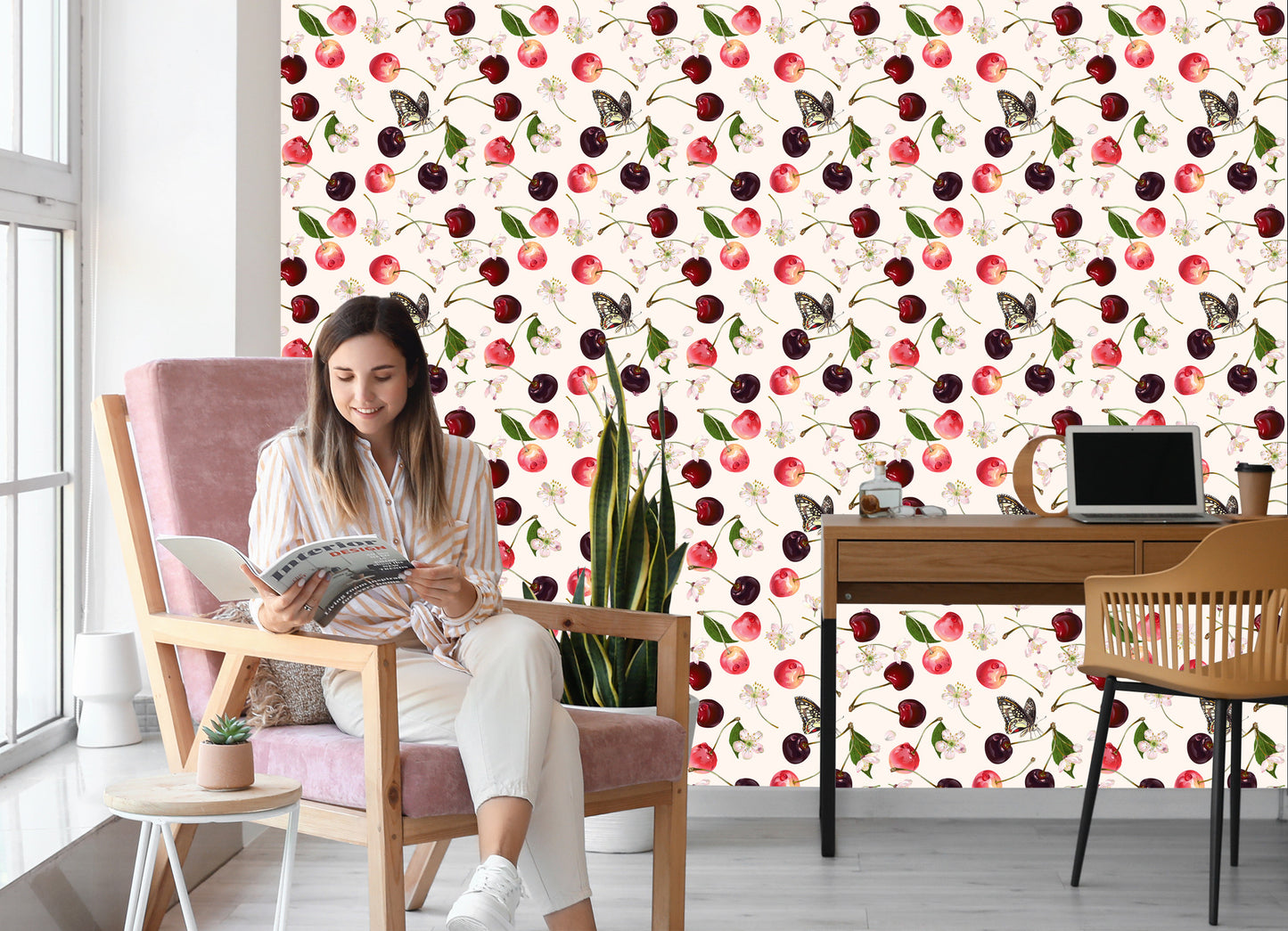 Wallpaper For Kitchen, Fruits, Cherries, Flowers, Butterflies
