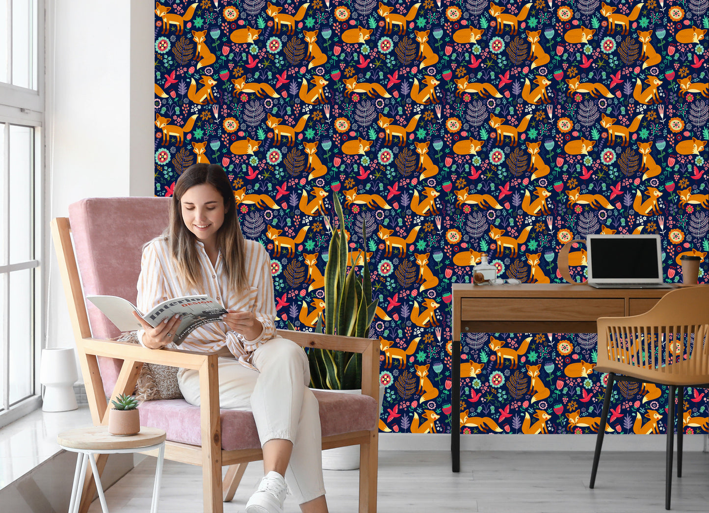 Wallpaper Foxes With Flowers In Folklore Style