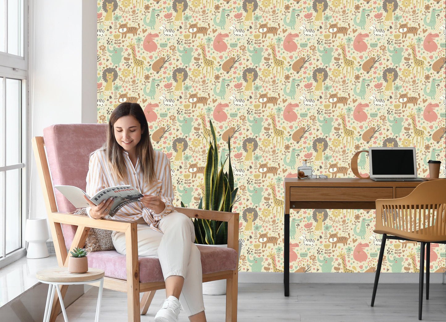 Wallpaper For Children. Safari. Elephants. Lions. Zebra. Plants