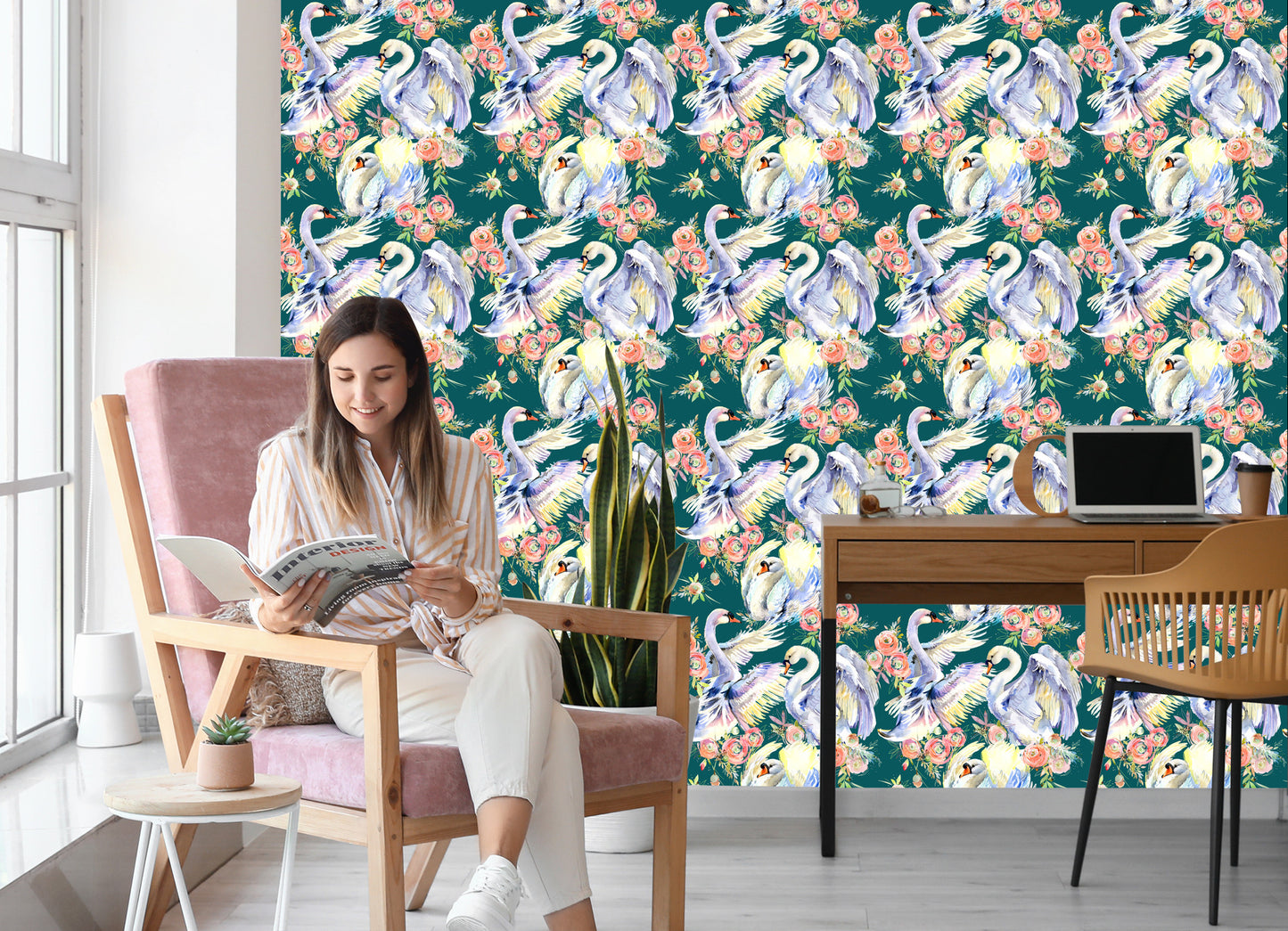 Wallpaper Swans And Flowers