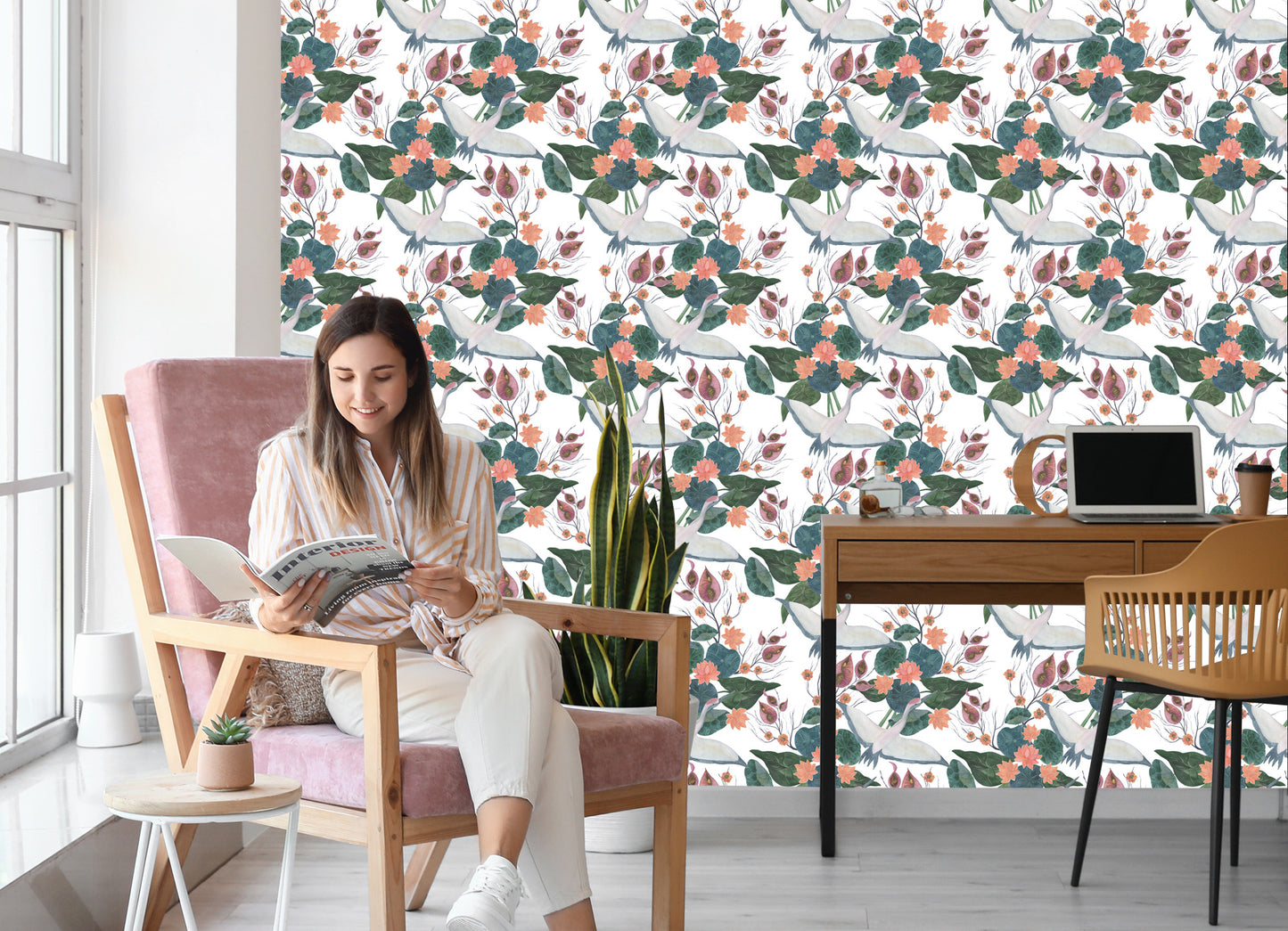 Wallpaper Flying Cranes And Flowers