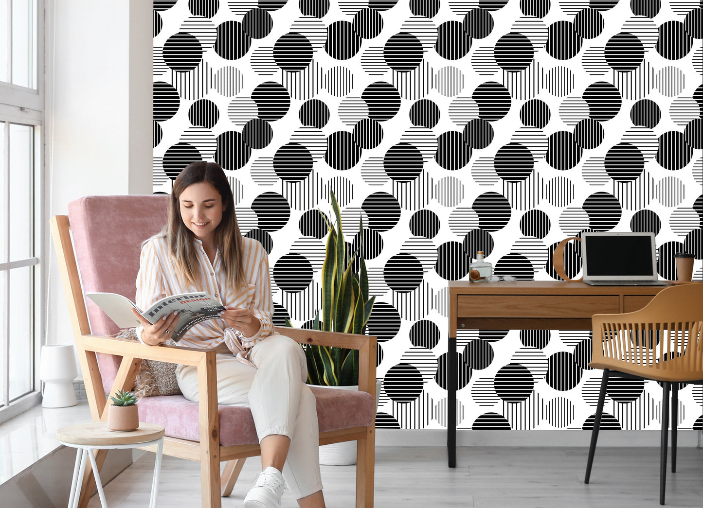 Wallpaper Black And White Large Striped Dots