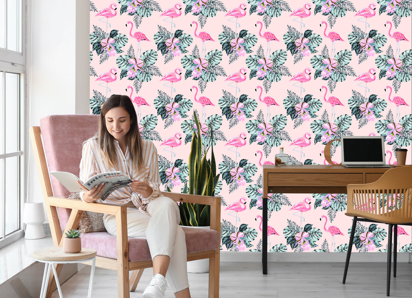 Wallpaper Flamingos And Leaves