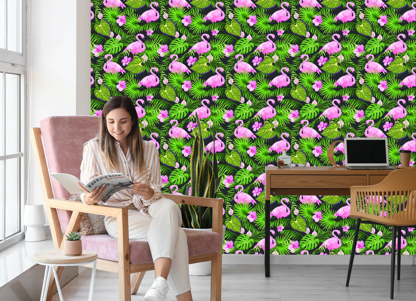 Wallpaper Tropical - Flamingos, Leaves And Flowers