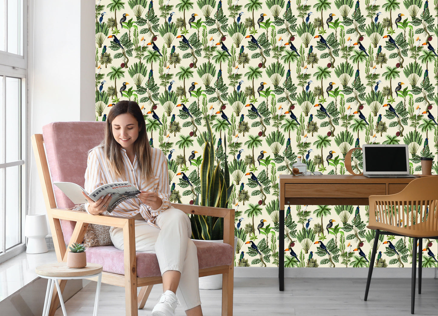 Wallpaper Exotic Birds And Plants In Vintage Style