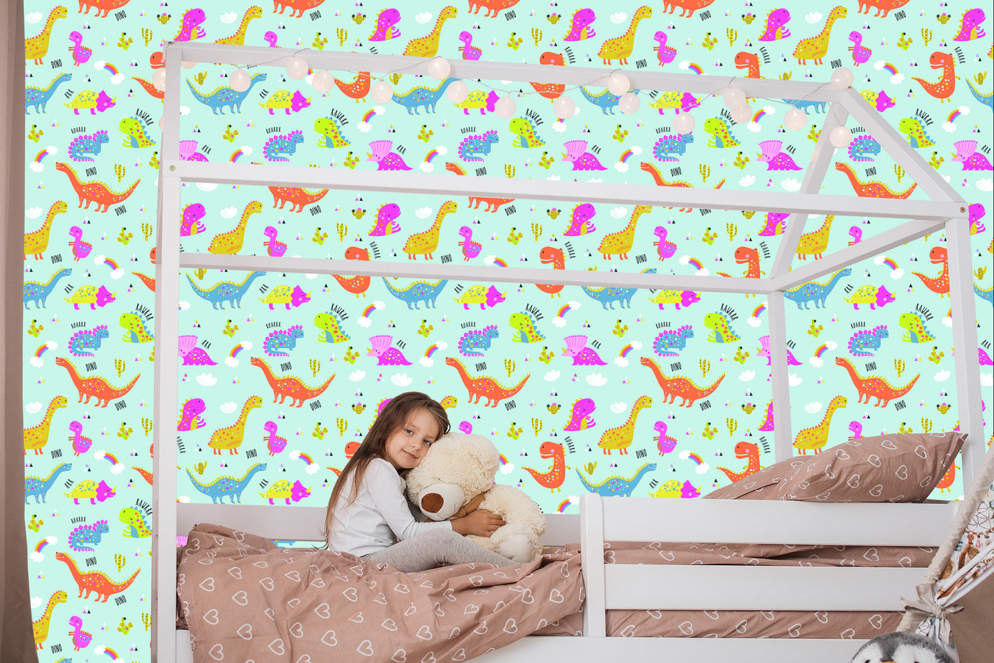 Wallpaper For Children. Colorful Rainbow Cacti Dinosaurs
