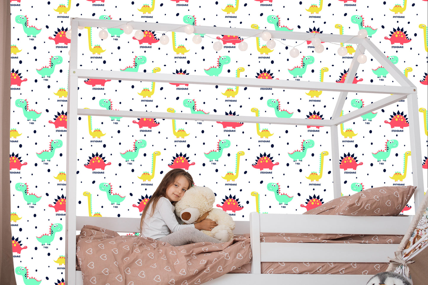 Wallpaper Colorful Dotted Dinosaurs For Baby's Room