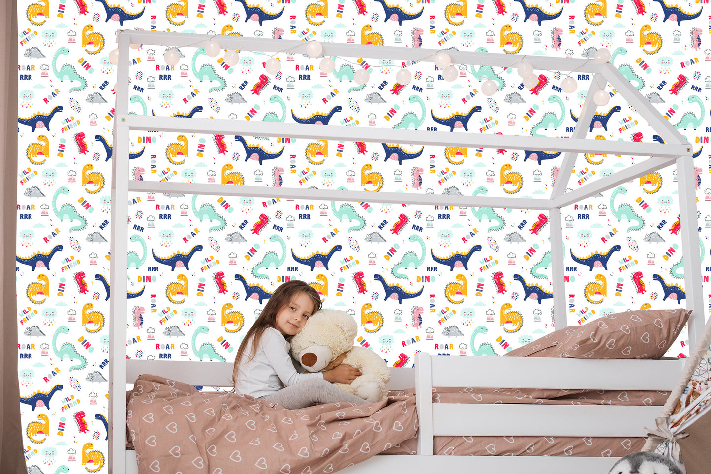 Wallpaper For Children's Room Colorful Cloud Dinosaurs