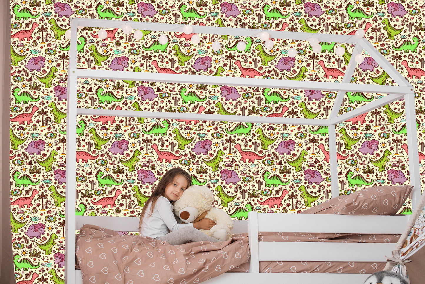 Wallpaper For Children. Dinosaurs. Flowers. Cacti