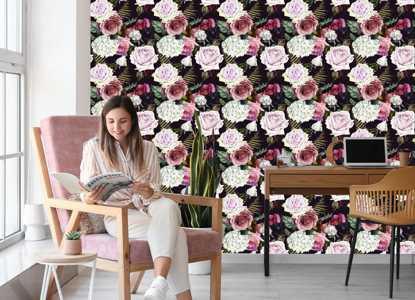 Wallpaper Roses, Fern Leaves