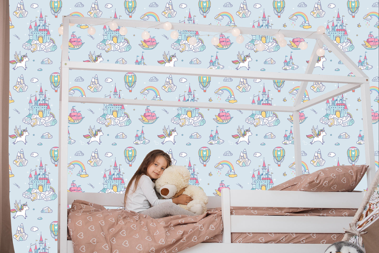 Wallpaper For Children Unicorns From A Fairy Tale Castle Rainbow