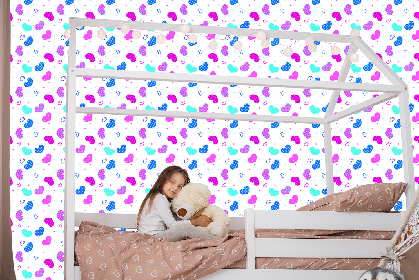 Wallpaper For Children - Blue, Pink And White Hearts