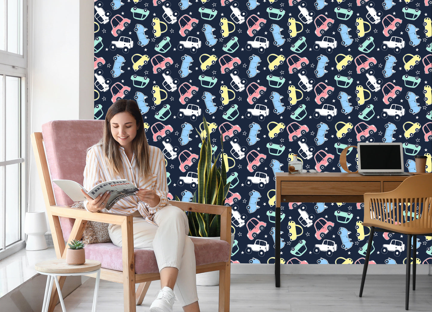 Wallpaper In Colorful Star Cars Children's Room