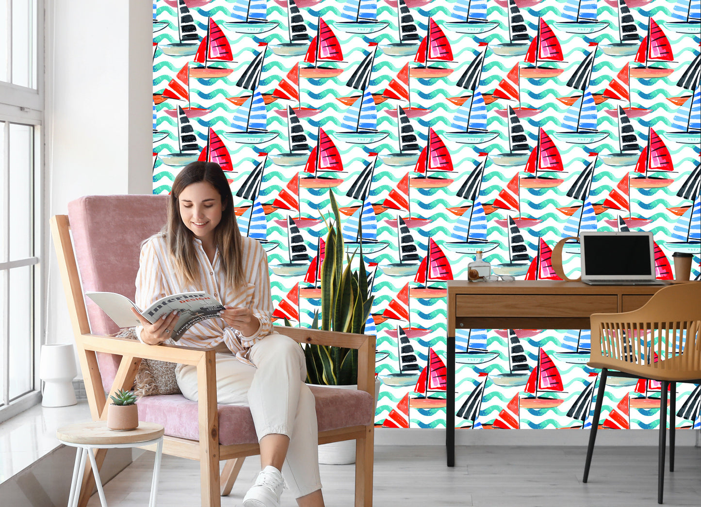 Wallpaper Sailboats Painted With Watercolor